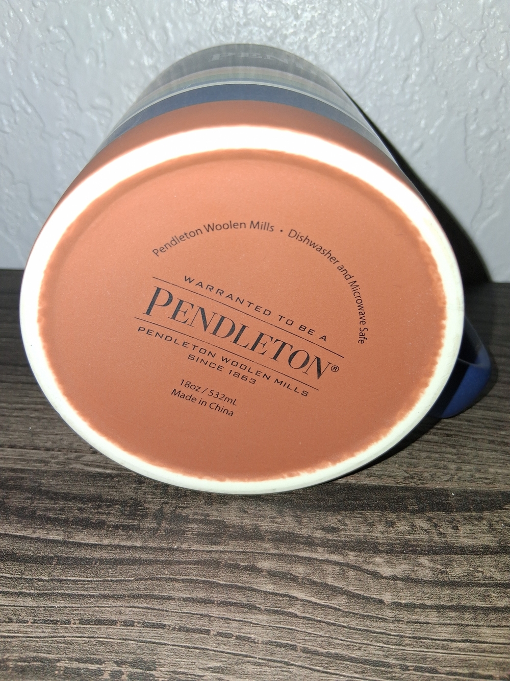 Pendleton Navy Blue Ceramic Mug with Multicolor Stripe and Tan Base - Picture 3 of 4